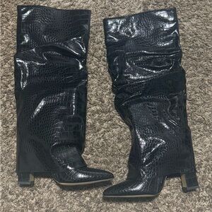 Black Croc-Embossed Knee-High Boots